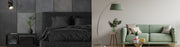 Two contrasting living room scenes: a dark gray bedroom and a light green living room.